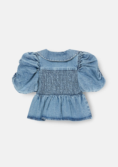 Orla Blue Peter Pan Collar Shirred Denim Blouse