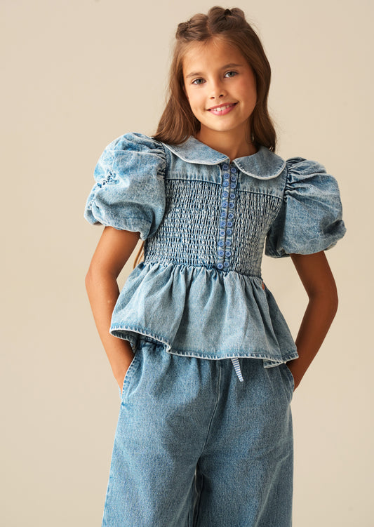 Orla Blue Peter Pan Collar Shirred Denim Blouse