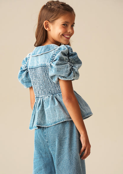 Orla Blue Peter Pan Collar Shirred Denim Blouse