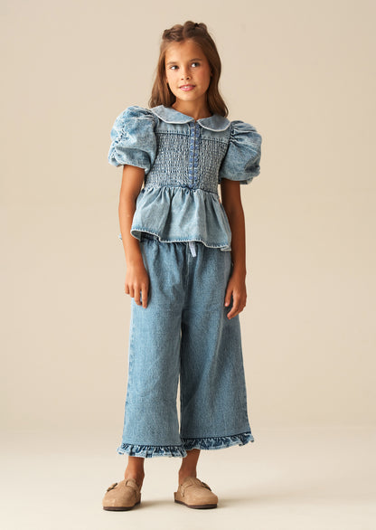 Orla Blue Peter Pan Collar Shirred Denim Blouse