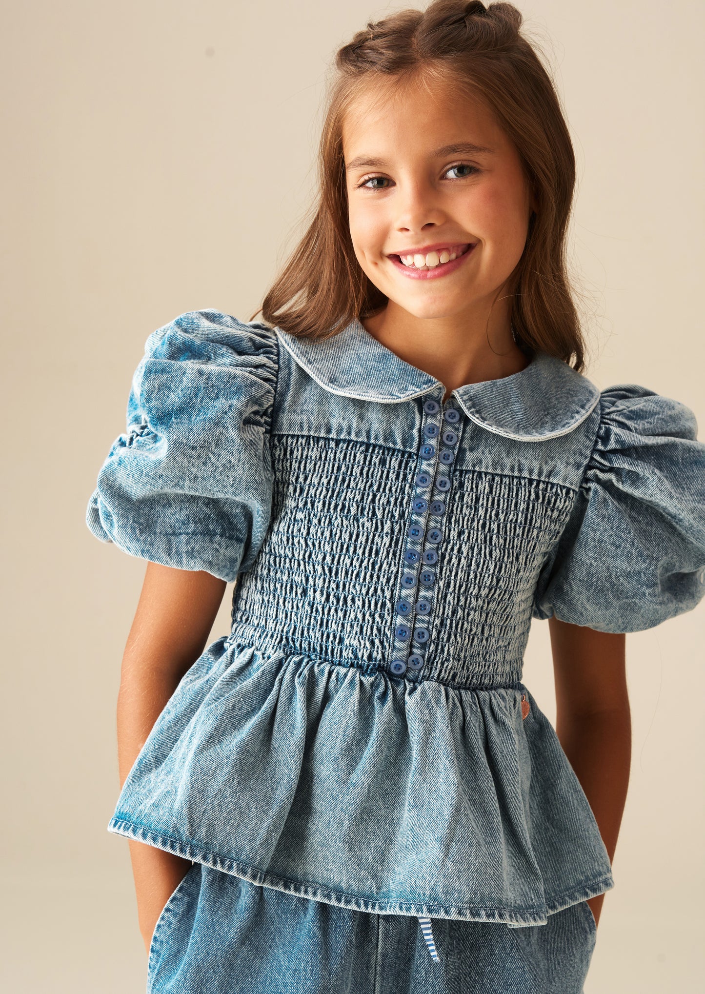 Orla Blue Peter Pan Collar Shirred Denim Blouse
