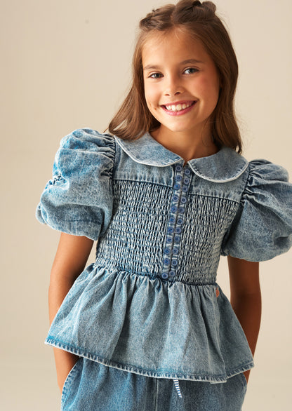 Orla Blue Peter Pan Collar Shirred Denim Blouse