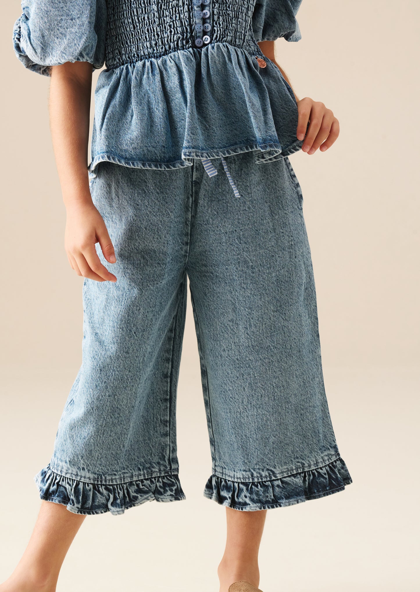 Orla Blue Denim Frill Hem Trousers