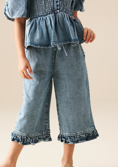 Orla Blue Denim Frill Hem Trousers