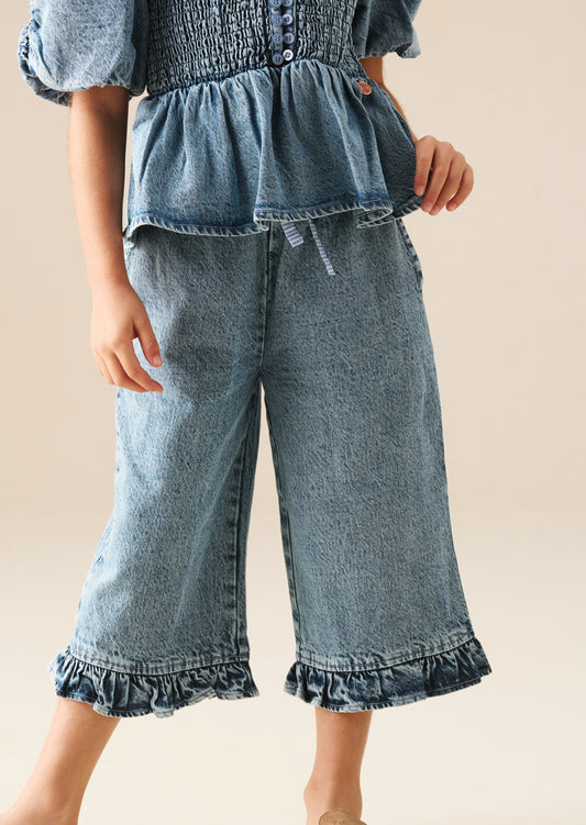 Orla Blue Denim Frill Hem Trousers