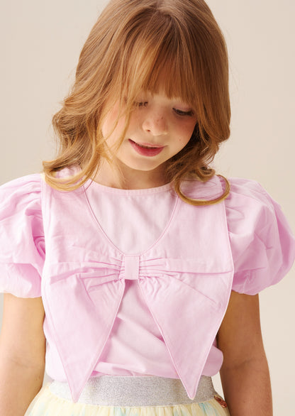 Tilly Pink Bow Collar Puff Sleeve T Shirt