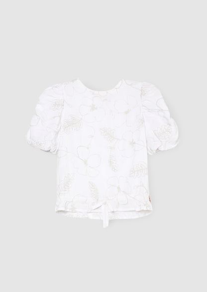 Dalhia Floral Embroidered Tie Waist Puff Sleeve Top