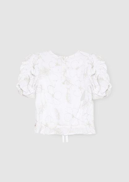 Dalhia Floral Embroidered Tie Waist Puff Sleeve Top