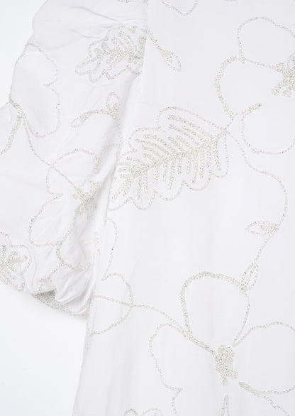 Dalhia Floral Embroidered Tie Waist Puff Sleeve Top