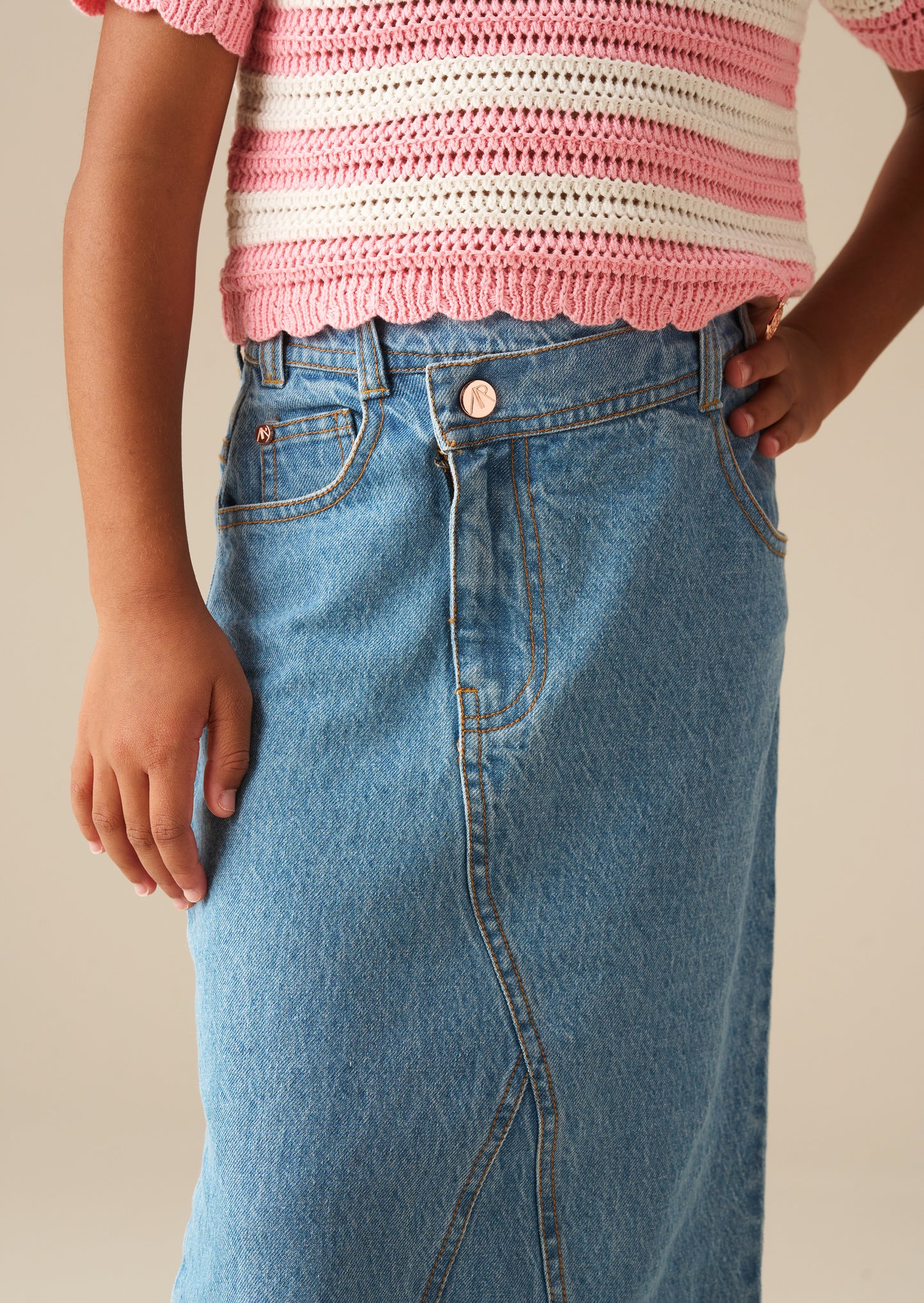 Kendal Asymmetric Waist Denim Midi Skirt