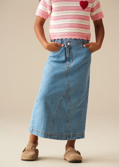 Kendal Asymmetric Waist Denim Midi Skirt