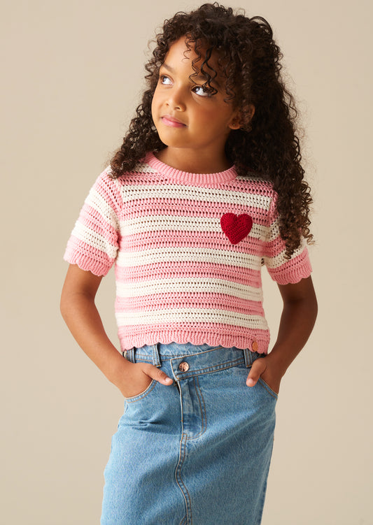 Meg Embroidered Heart Stripe Knit Top