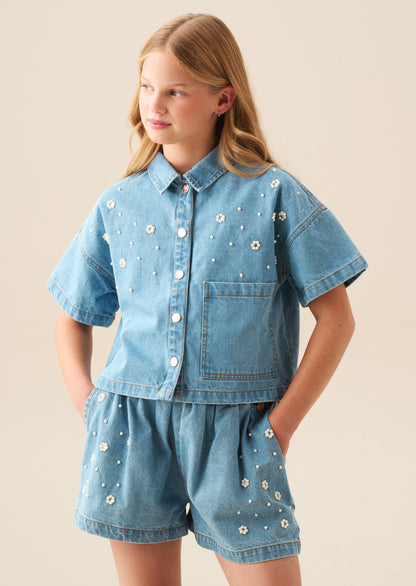 Zeta Boxy Embellished Denim Shirt