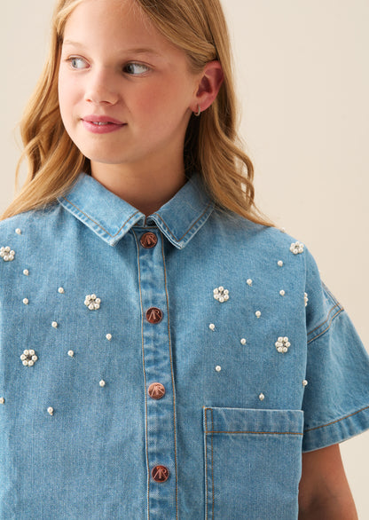 Zeta Boxy Embellished Denim Shirt