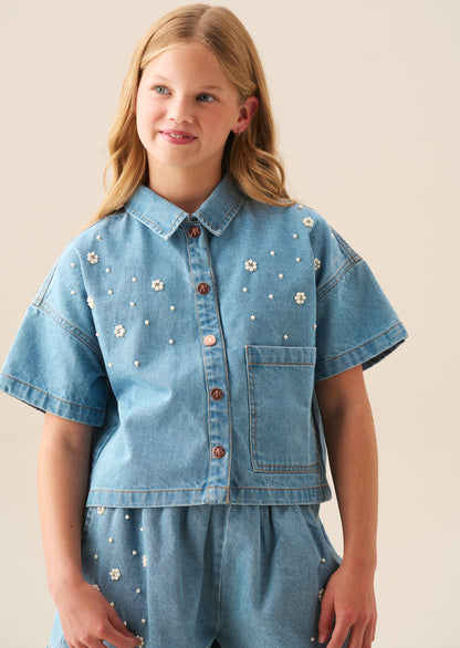 Zeta Boxy Embellished Denim Shirt
