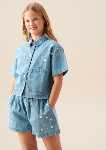 Zeta Boxy Embellished Denim Shirt