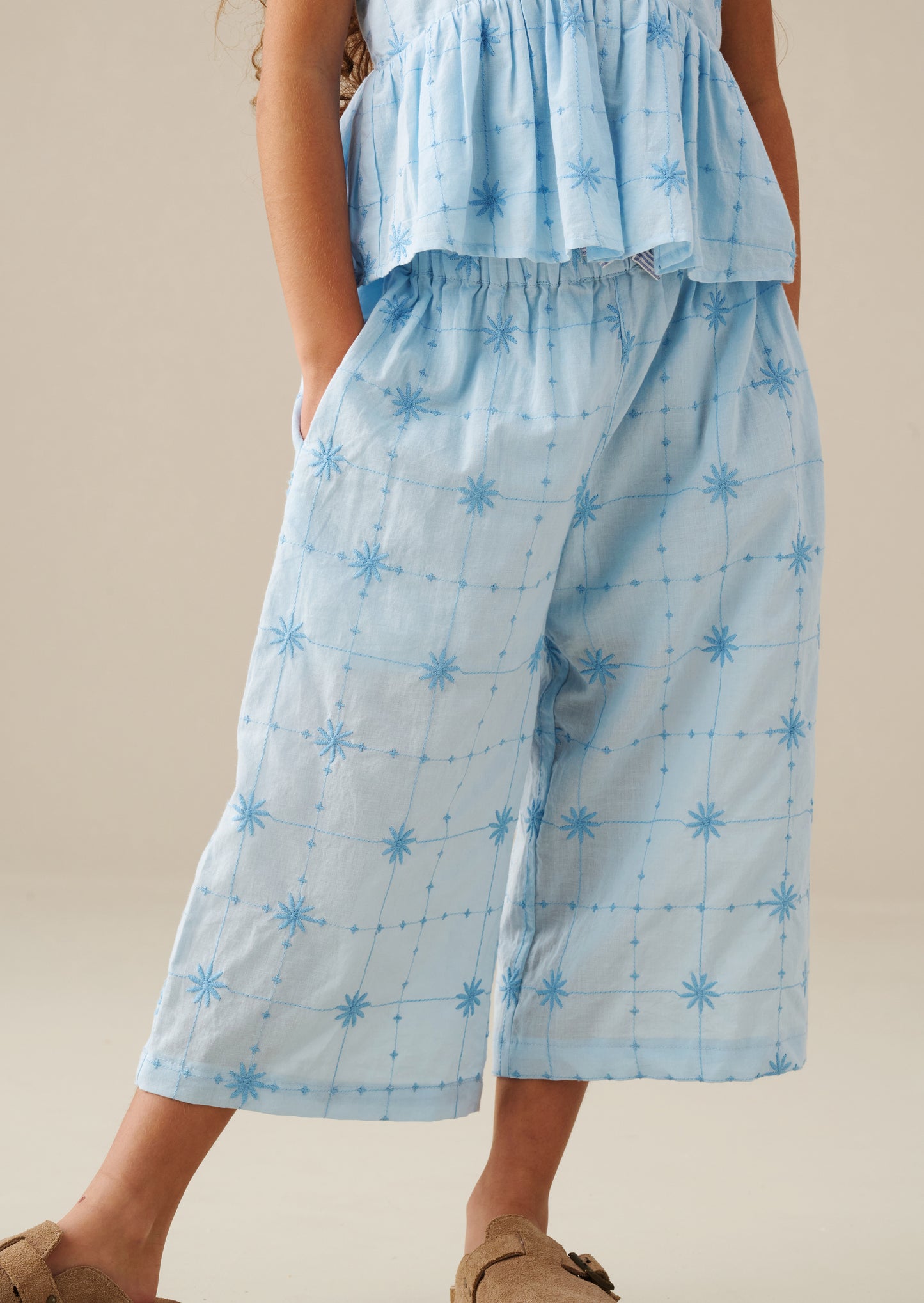 Nellie Tie Waist Embroidered Wide Leg Trousers