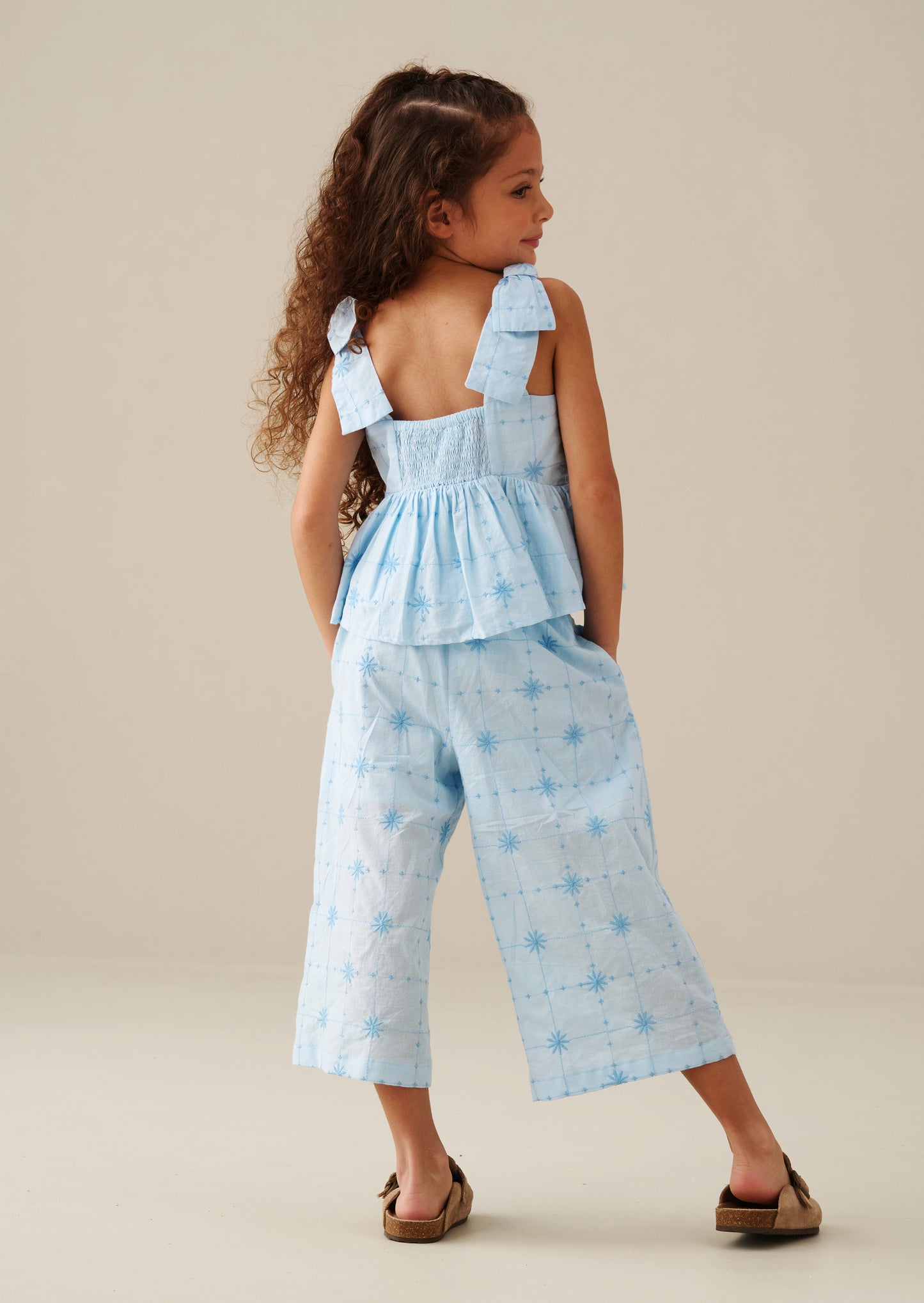 Nellie Tie Waist Embroidered Wide Leg Trousers