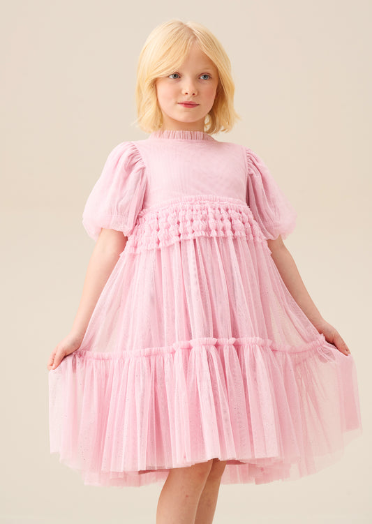 Madison Puff Sleeve Ruffle Waist Mesh Dress