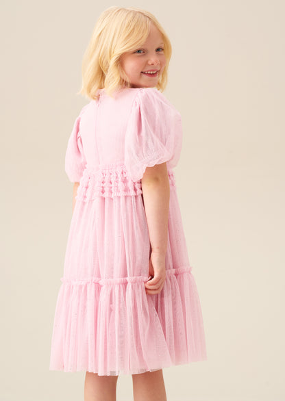 Madison Puff Sleeve Ruffle Waist Mesh Dress