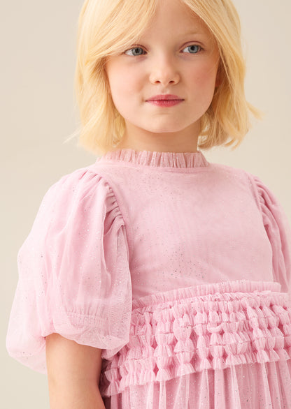 Madison Puff Sleeve Ruffle Waist Mesh Dress