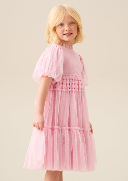 Madison Puff Sleeve Ruffle Waist Mesh Dress