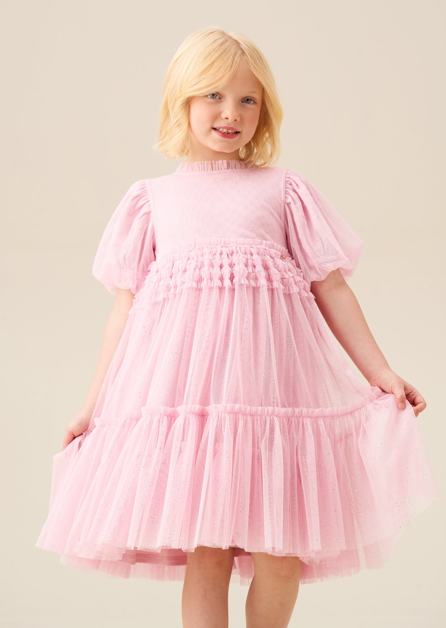 Madison Puff Sleeve Ruffle Waist Mesh Dress