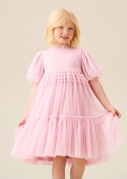 Madison Puff Sleeve Ruffle Waist Mesh Dress