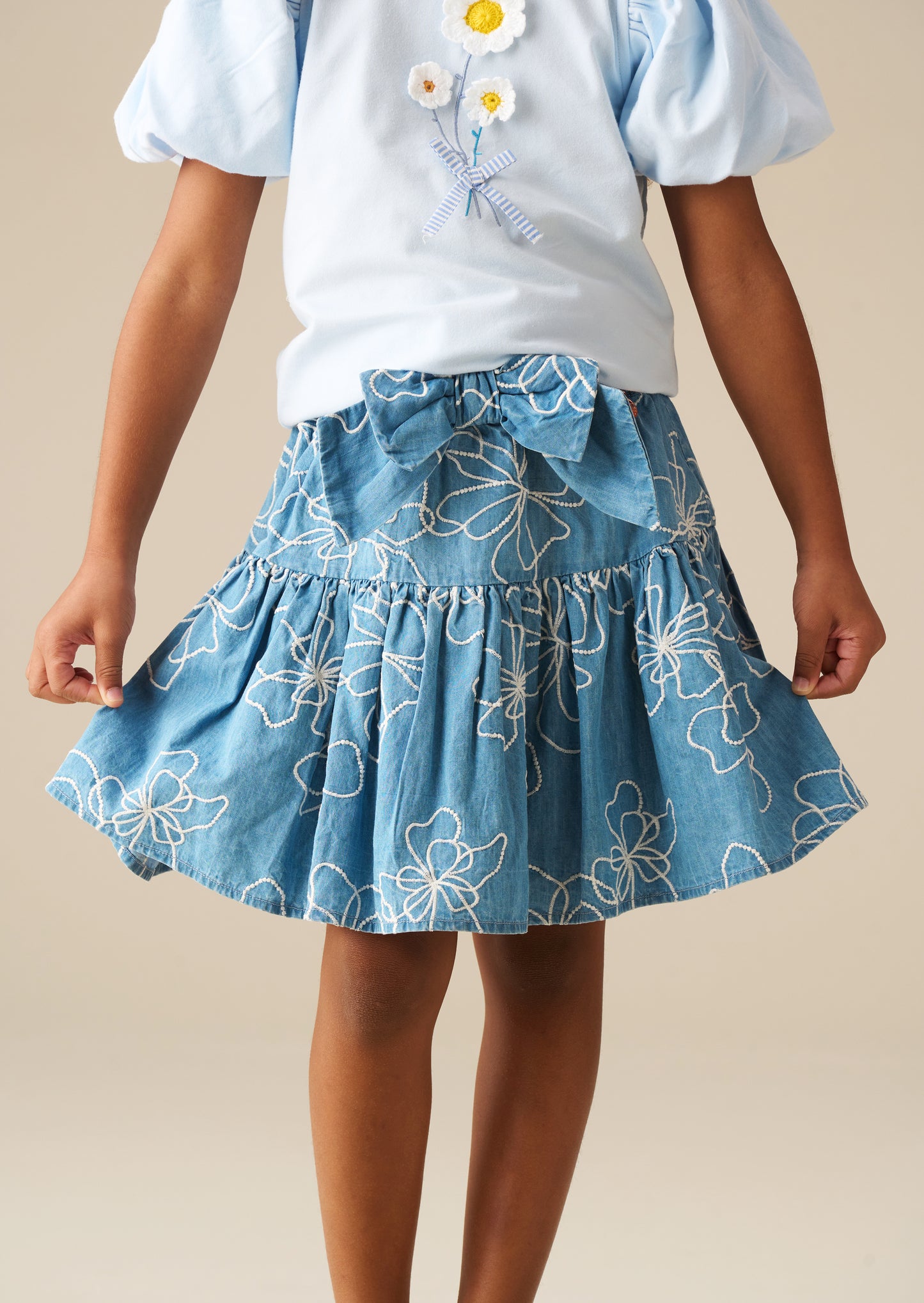Maya Embroidered Denim Bow Skirt