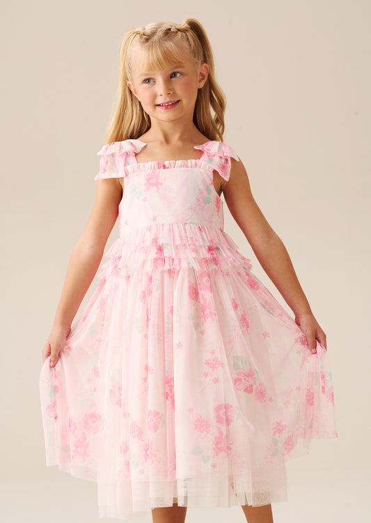 Mae Pink Floral Mesh Bow Strap Dress