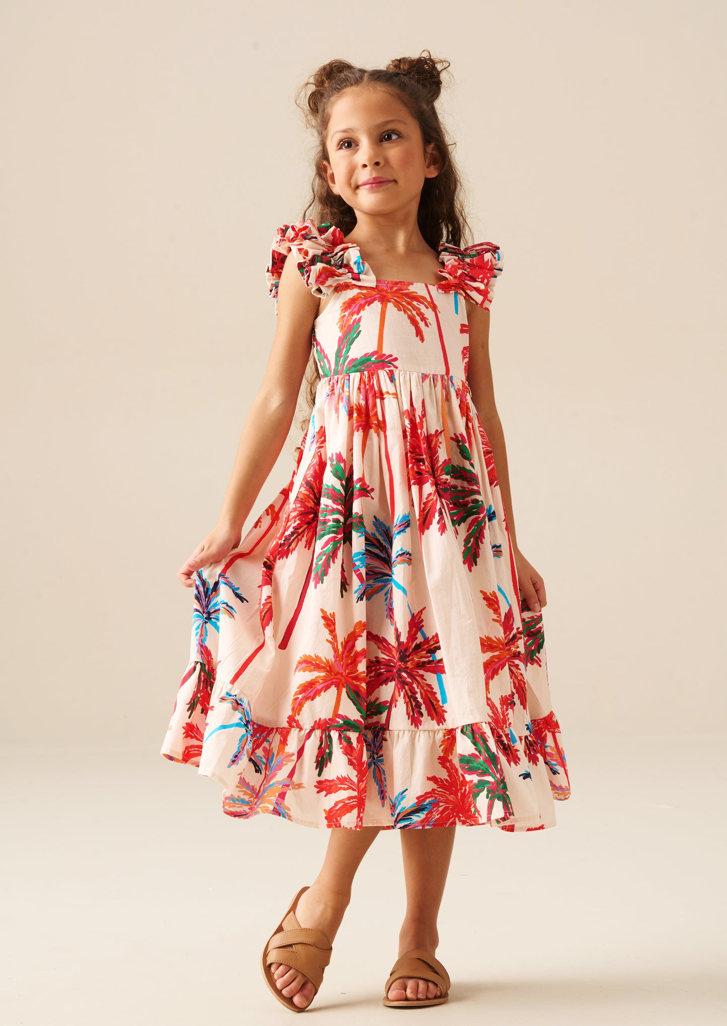 Rae Palm Print Ruffle Strap Dress