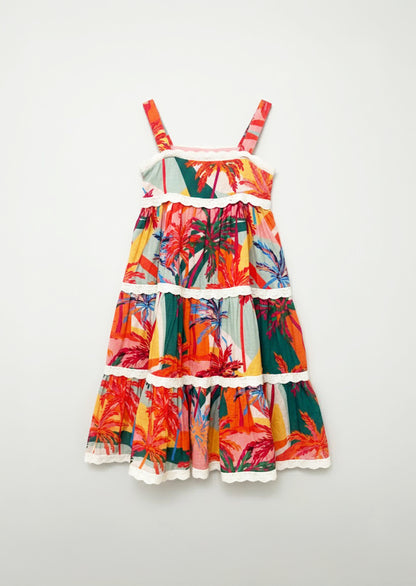 Kinsley Palm Print Lace Trim Tiered Dress