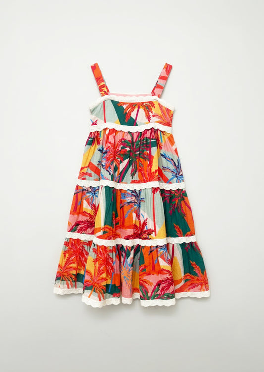 Kinsley Palm Print Lace Trim Tiered Dress