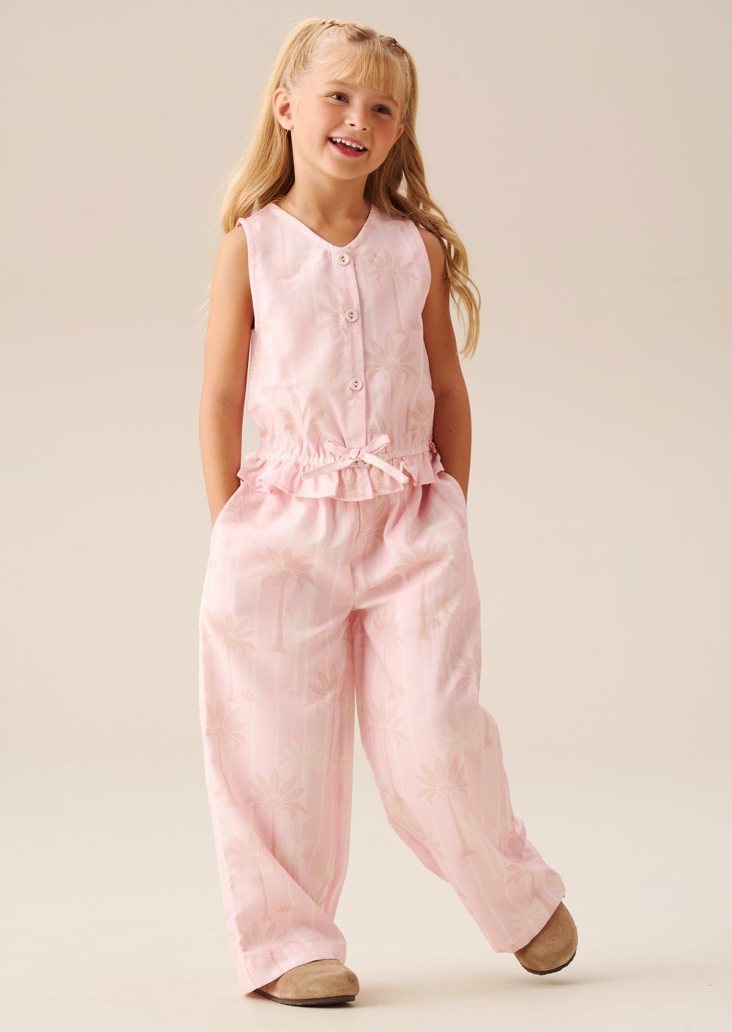 Sarah Pink Palm Print Tie Waist Waistcoat Top