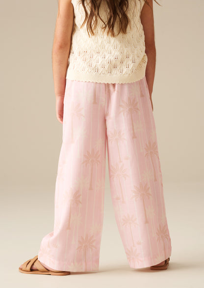 Sarah Pink Palm Print Tie Waist Trousers