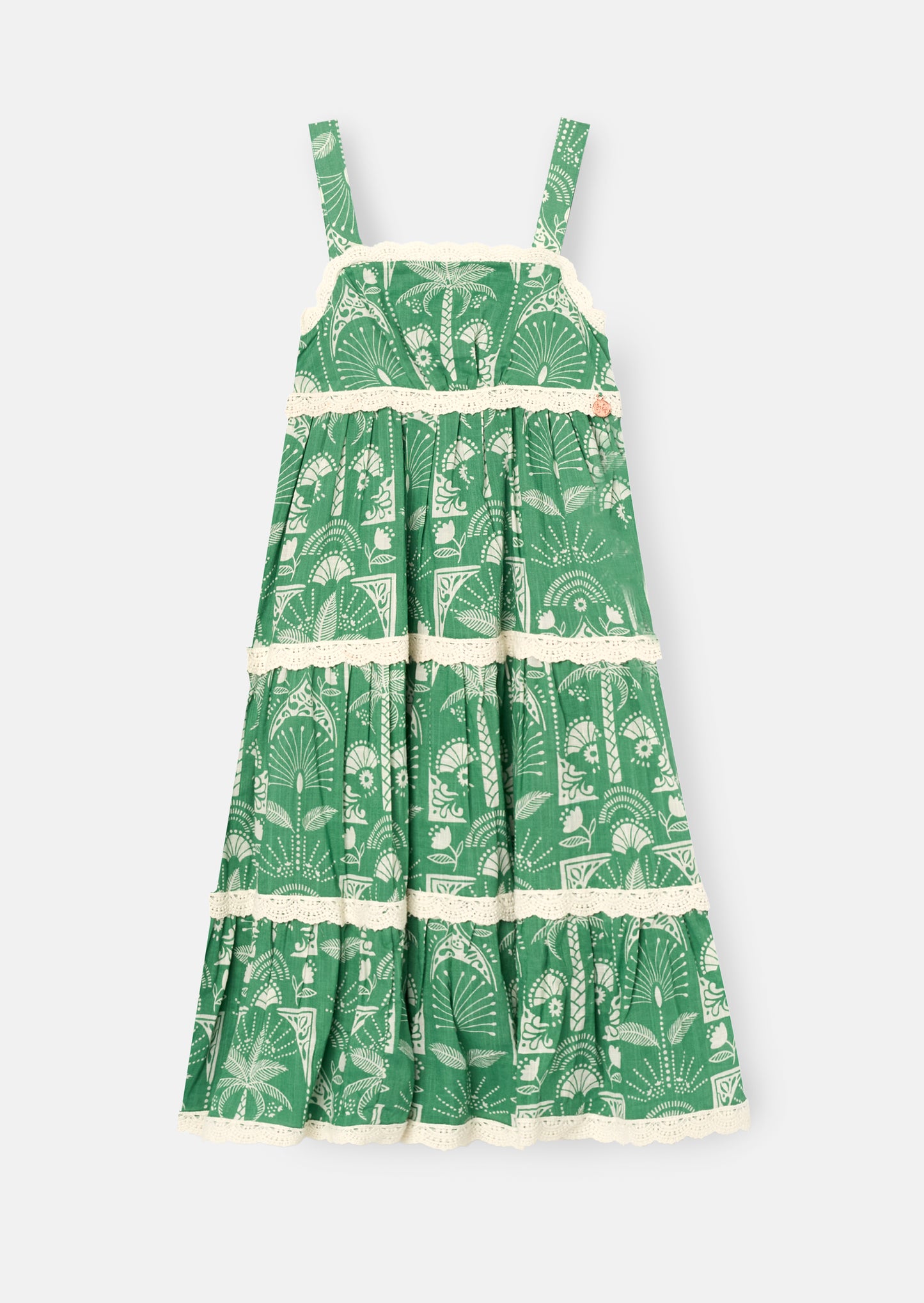 Kinsley Palm Print Lace Trim Tiered Dress