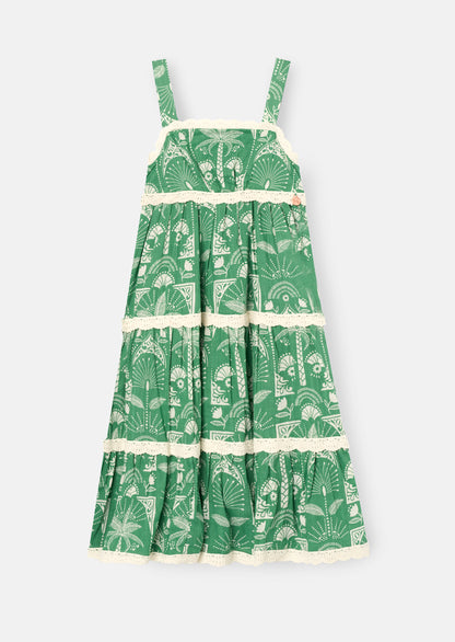 Kinsley Palm Print Lace Trim Tiered Dress
