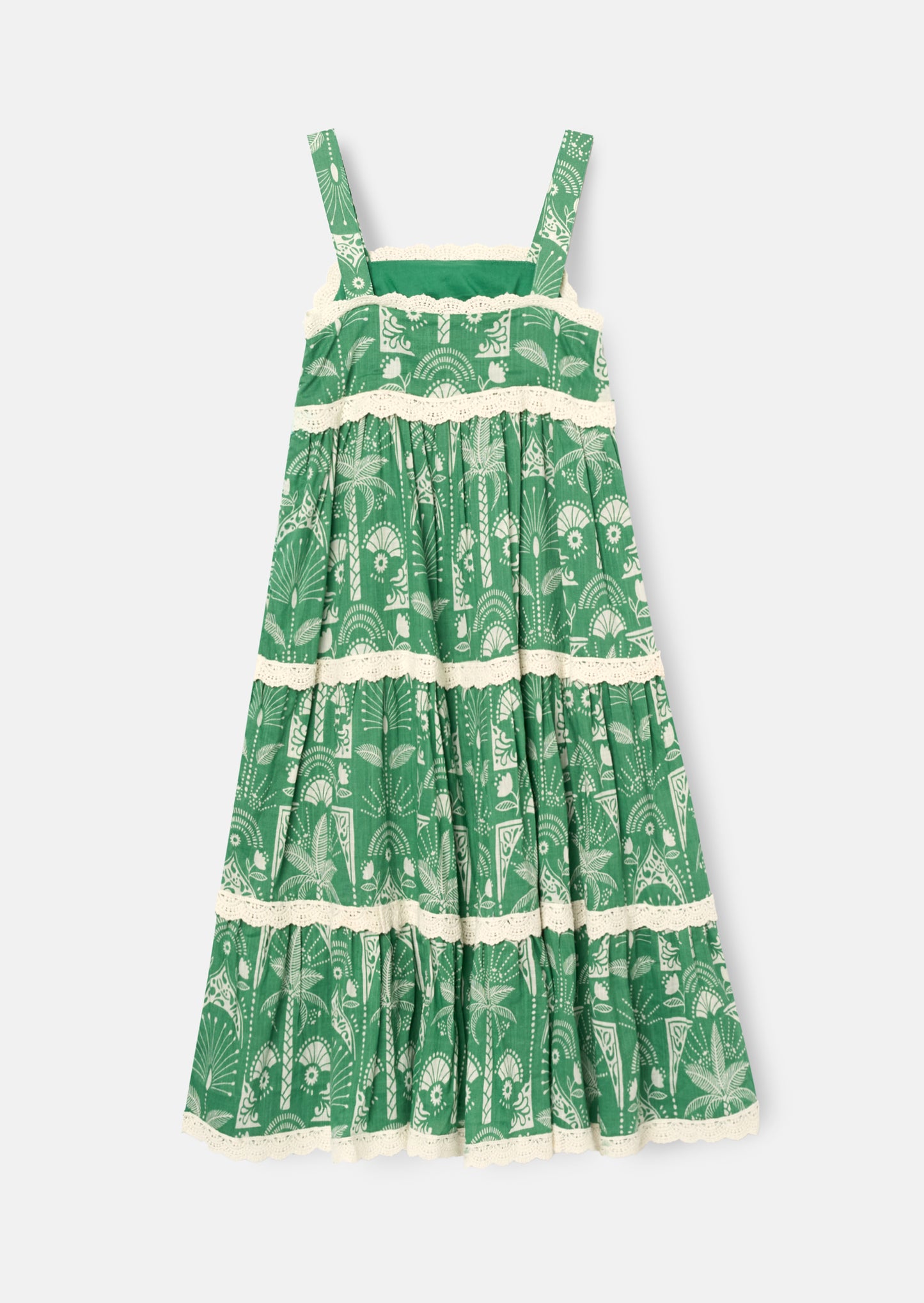 Kinsley Palm Print Lace Trim Tiered Dress