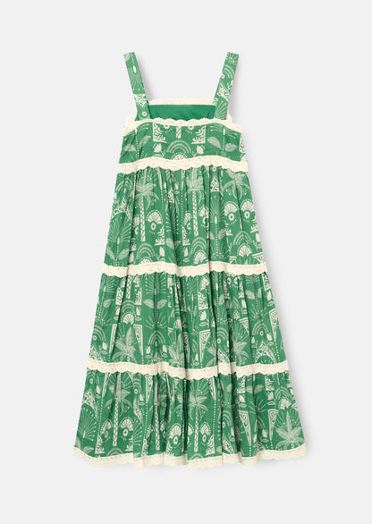 Kinsley Palm Print Lace Trim Tiered Dress