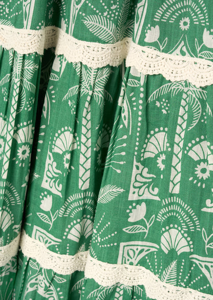 Kinsley Palm Print Lace Trim Tiered Dress
