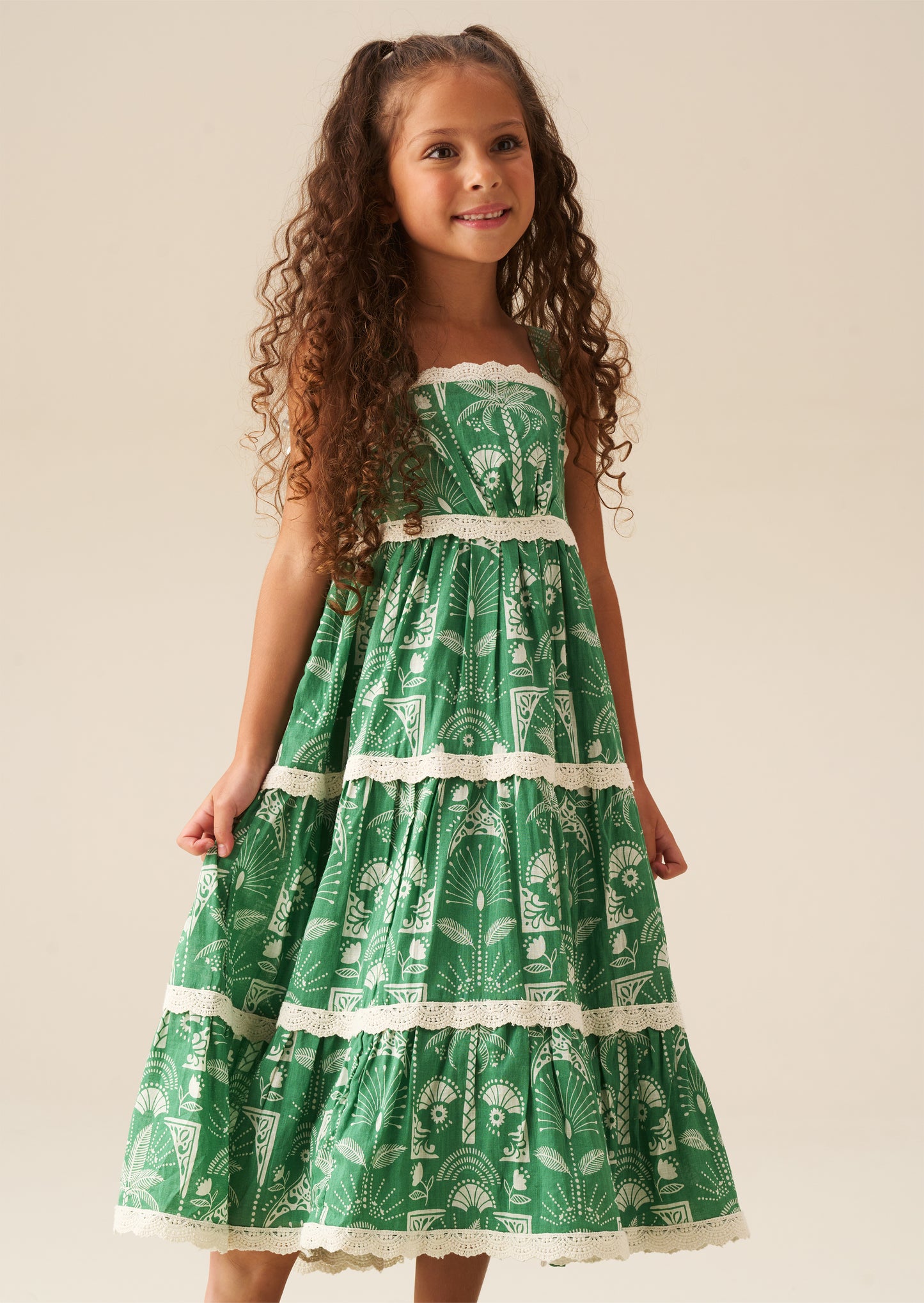 Kinsley Palm Print Lace Trim Tiered Dress