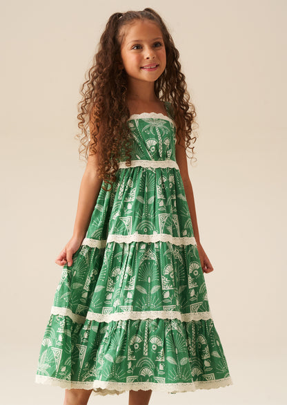 Kinsley Palm Print Lace Trim Tiered Dress