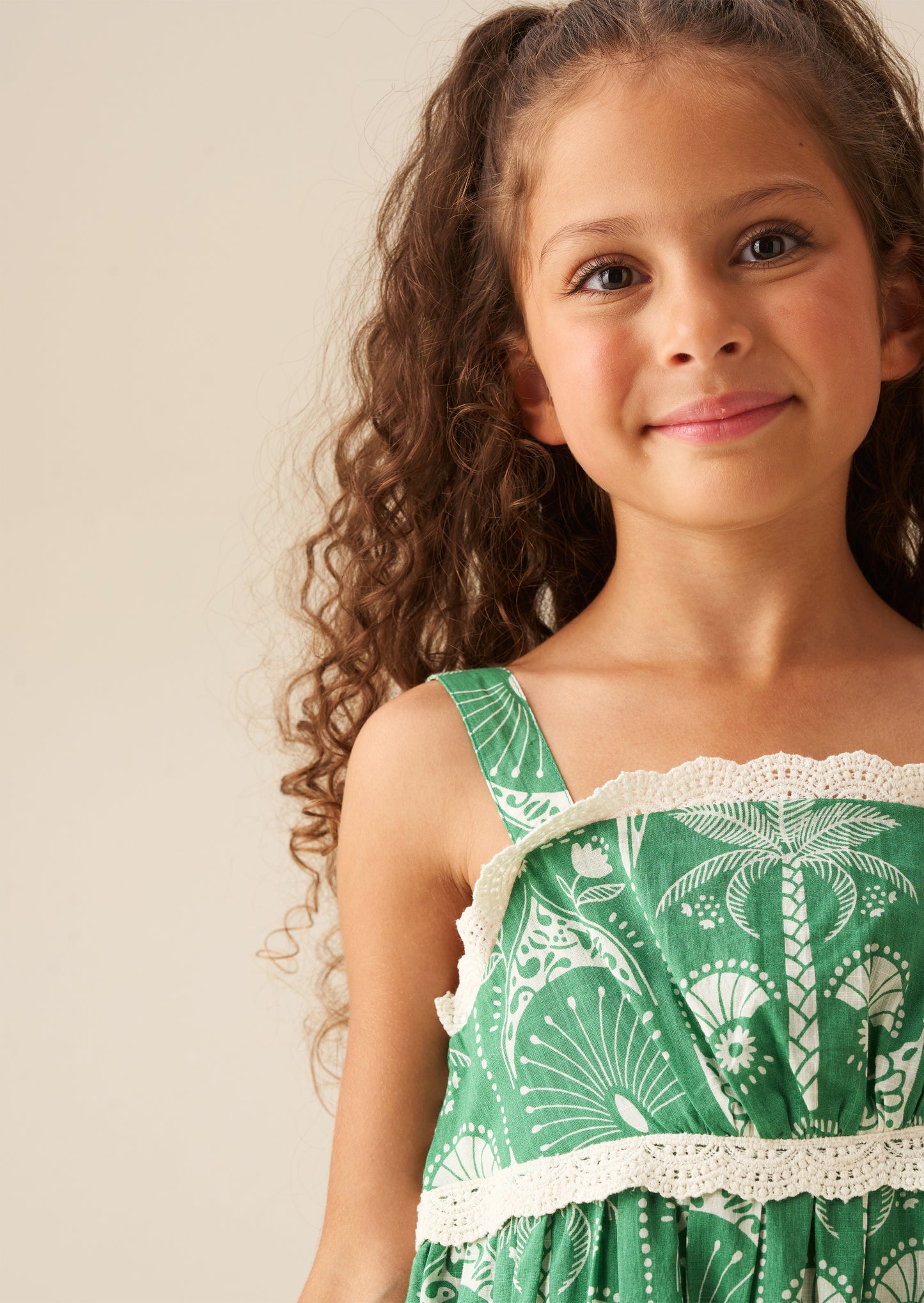Kinsley Palm Print Lace Trim Tiered Dress