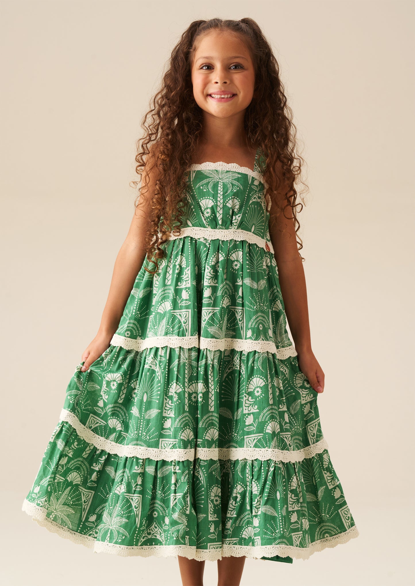Kinsley Palm Print Lace Trim Tiered Dress