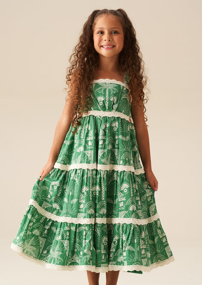 Kinsley Palm Print Lace Trim Tiered Dress