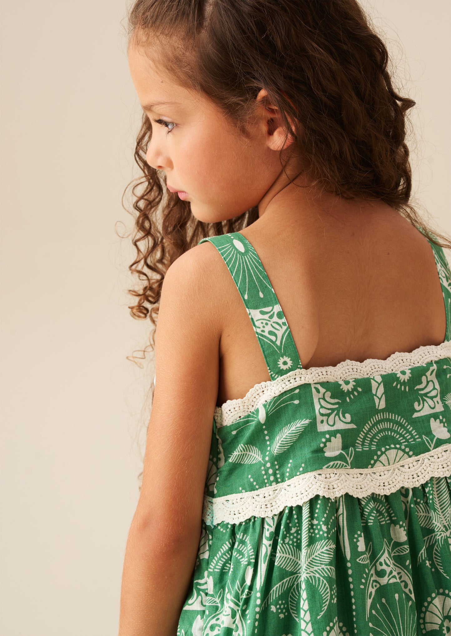 Kinsley Palm Print Lace Trim Tiered Dress