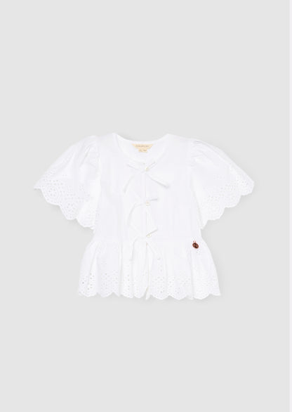 Ria Broderie Tie Front Peplum Top