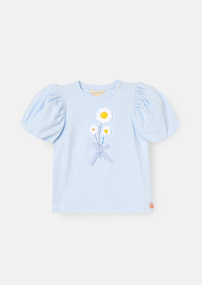 Daisy Flower Embroidered Puff Sleeve T Shirt
