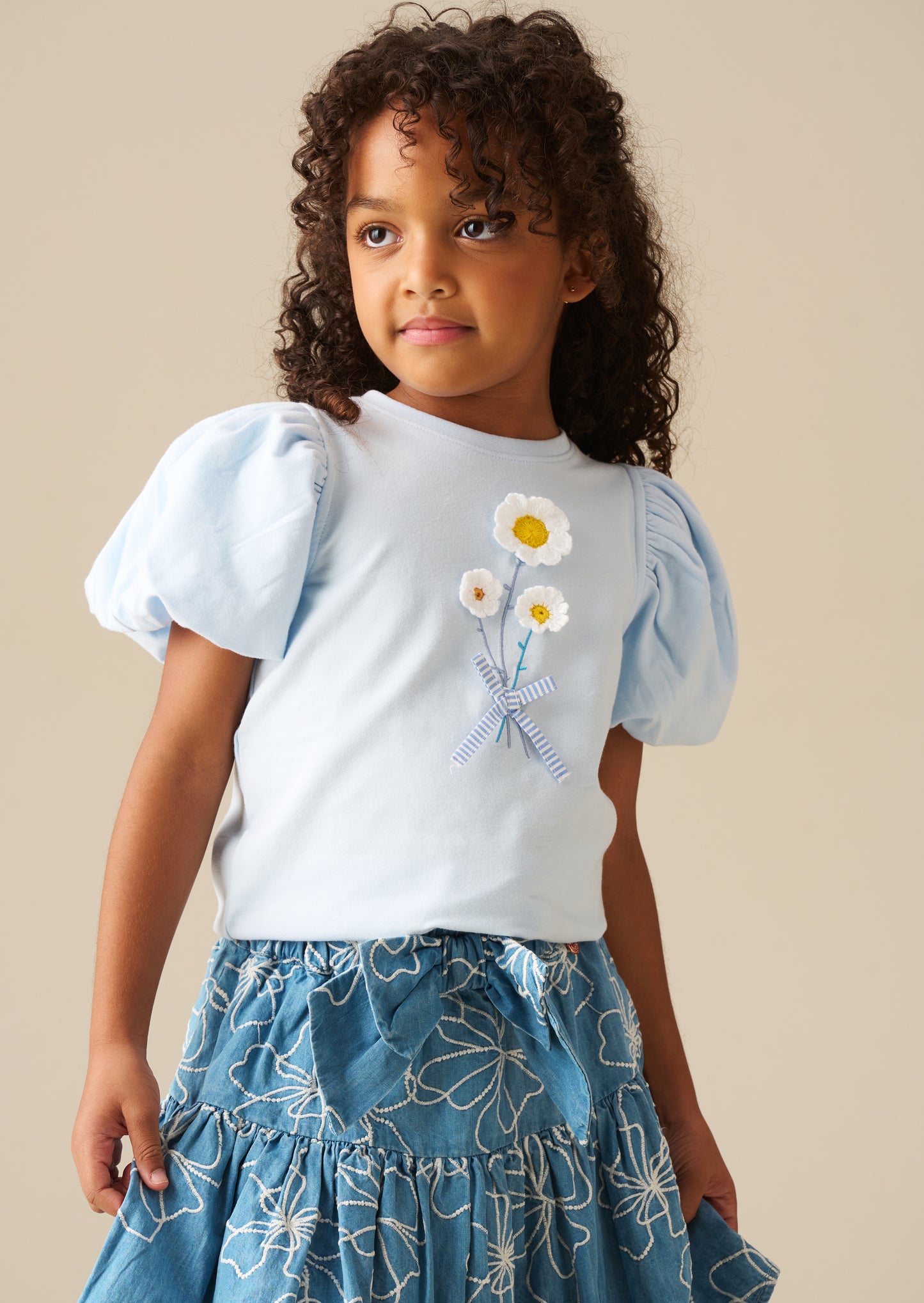 Daisy Flower Embroidered Puff Sleeve T Shirt