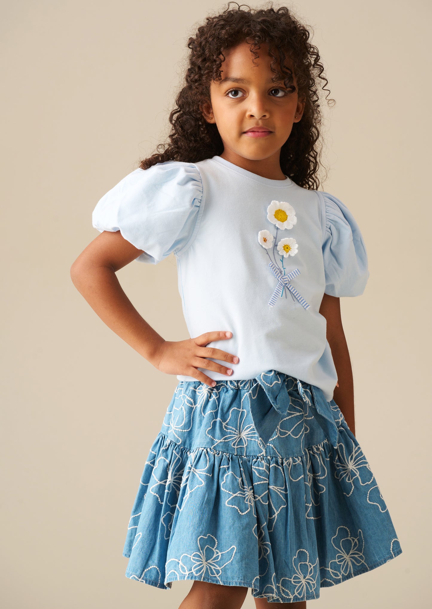 Daisy Flower Embroidered Puff Sleeve T Shirt